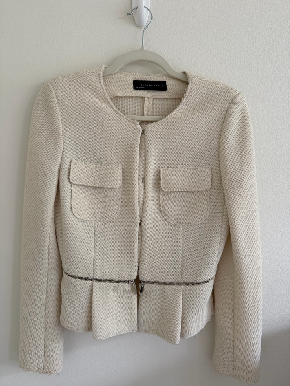 Zara Cream Textured Zip-Pocket Blazer